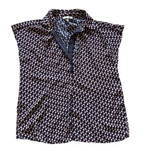 Max Studio Navy and Peach Leaf Print Top